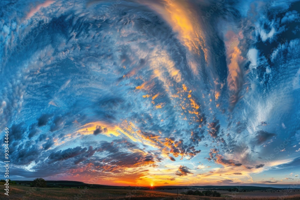 The sun sets behind clouds in the sky, a peaceful scene The sun sets behind clouds in the sky, a peaceful scene