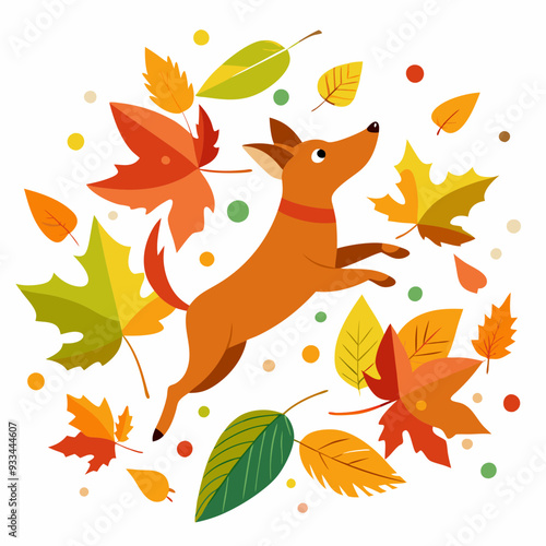 Dog Leaping Through Autumn Leaves - A Playful Dog Amidst a Whirlwind of Colorful Fall Foliage on a White Background art vector illustration