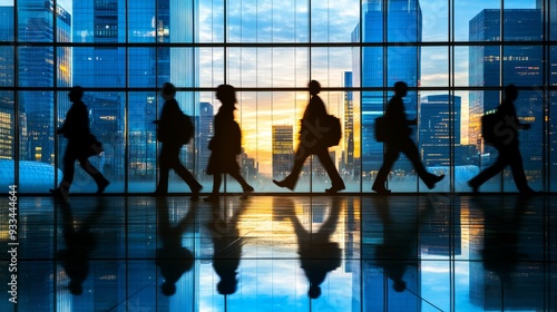 Silhouettes of people walking in a business district at twilight, blue-toned and reflective flooring, showcasing urban living
