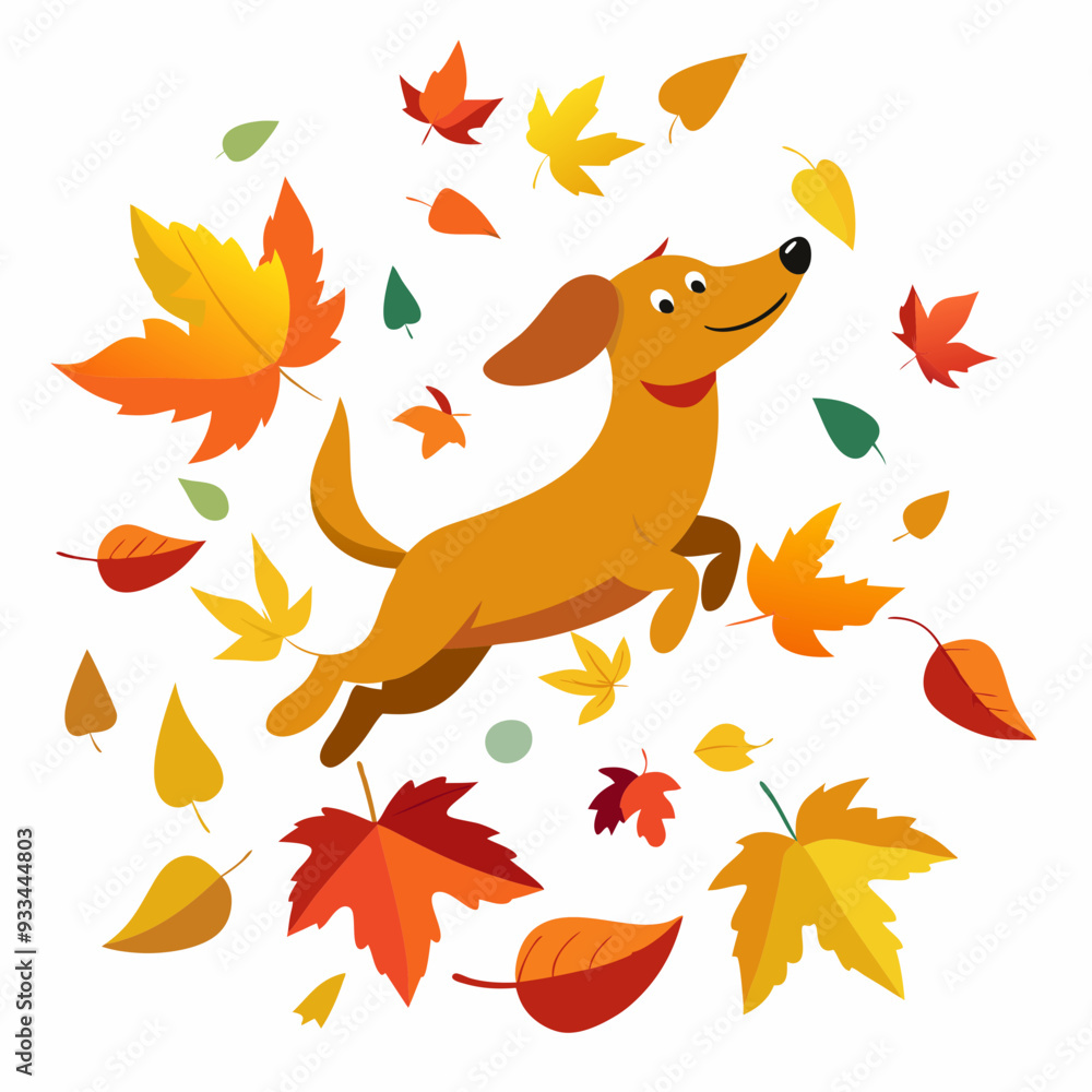 Dog Leaping Through Autumn Leaves - A Playful Dog Amidst a Whirlwind of Colorful Fall Foliage on a White Background art vector illustration Dog Leaping Through Autumn Leaves - A Playful Dog Amidst a Whirlwind of Colorful Fall Foliage on a White Background art vector illustration