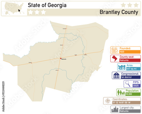 Detailed infographic and map of Brantley County in Georgia USA.