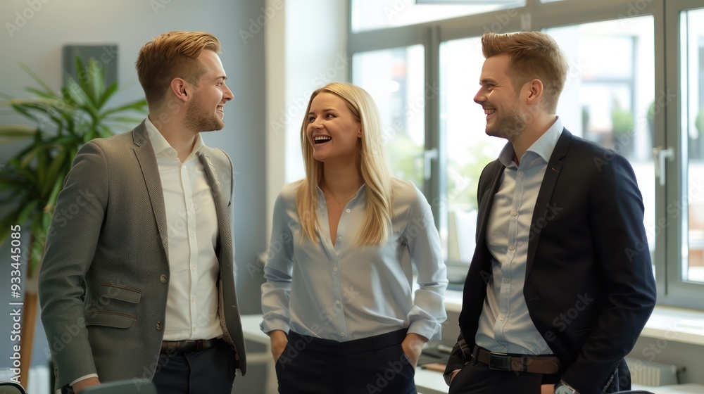 Three coworkers in an office, casually dressed blonde woman laughing with two businessmen, corporate team in a bright meeting room. Three coworkers in an office, casually dressed blonde woman laughing with two businessmen, corporate team in a bright meeting room.