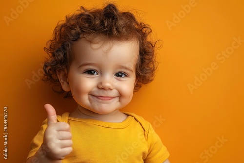 Adorable baby boy showing thumb up on orange background. Happy child with curly hair. A smiling toddler giving a thumbs up with generative ai