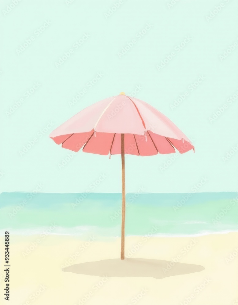 Simple Gouache Beach Umbrella Art: Minimalist Pink & Green Design Simple Gouache Beach Umbrella Art: Minimalist Pink & Green Design