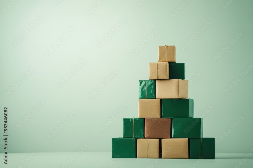 3D Christmas tree made of stacked gift boxes on light background, top view, green palette. 3D Christmas tree made of stacked gift boxes on light background, top view, green palette.