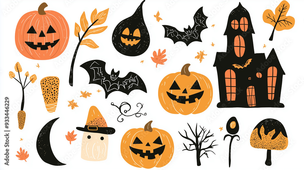 Cute halloween stickers, set of autumn stickers with pumpkin, bat, leaves, ghost, spiders and witch hat, pastel colors, vector icons Cute halloween stickers, set of autumn stickers with pumpkin, bat, leaves, ghost, spiders and witch hat, pastel colors, vector icons