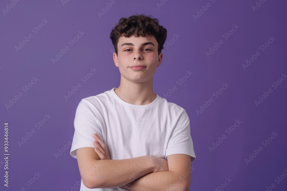 A young man stands with his arms crossed, looking confident and relaxed A young man stands with his arms crossed, looking confident and relaxed