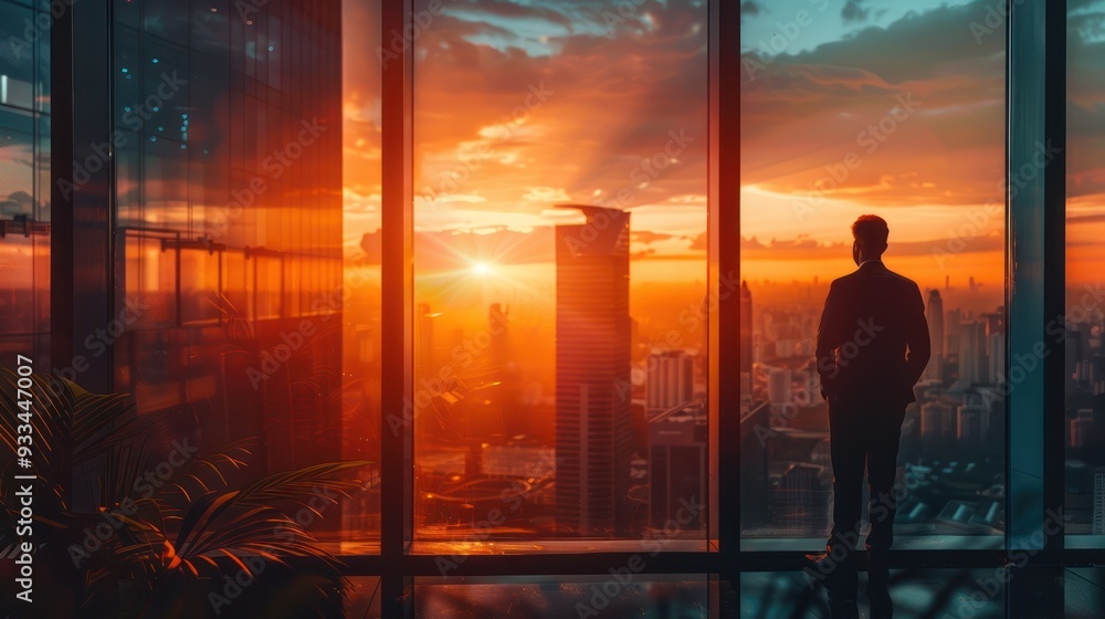 Urban sunset, businessman at window, panoramic view, business background. Urban sunset, businessman at window, panoramic view, business background.