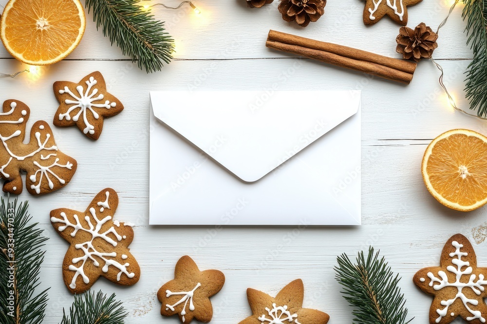 Christmas card mockup with white paper, gingerbread cookies, and festive decor on wood. Christmas card mockup with white paper, gingerbread cookies, and festive decor on wood.