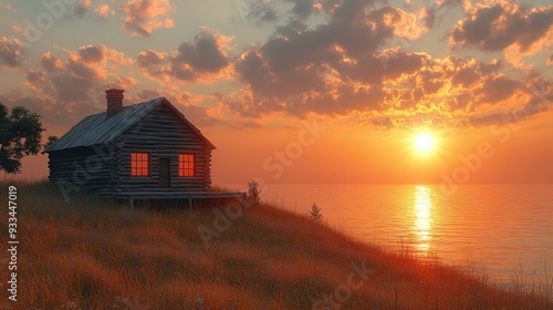 A tranquil sunset scene with a rustic house by the water.