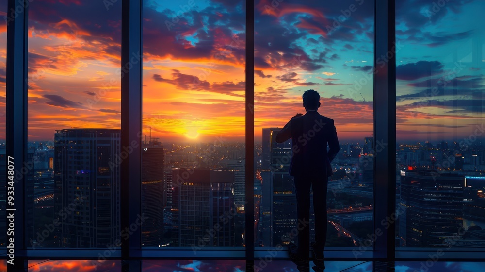 Urban sunset, businessman by window, city view, business concept, panoramic background. Urban sunset, businessman by window, city view, business concept, panoramic background.