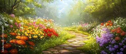 Fototapeta Naklejka Na Ścianę i Meble -  Delightful garden filled with an assortment of vivid flowers in a harmonious design with a garden path leading through the blooms