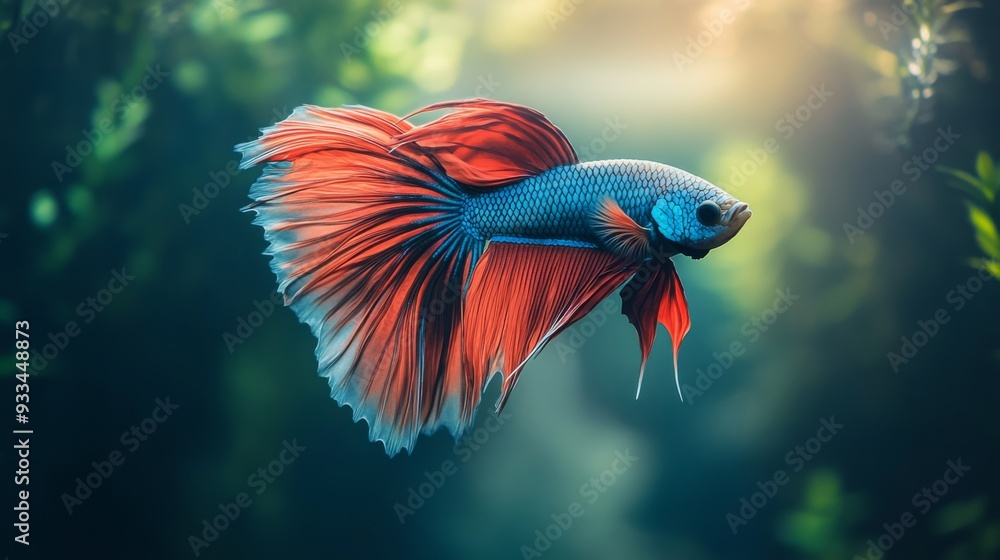Fototapeta premium High-resolution close-up of a Betta fish with a dramatic display of its flowing fins and vivid colors, in a serene aquarium setting with natural light.