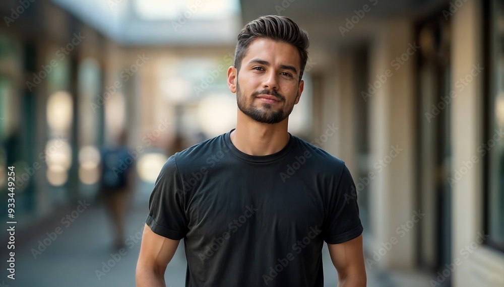 Young Man Smiling Outdoors in Urban Setting, Shirt Mockup, Boy wearing black t-shirt on street in daylight Young Man Smiling Outdoors in Urban Setting, Shirt Mockup, Boy wearing black t-shirt on street in daylight