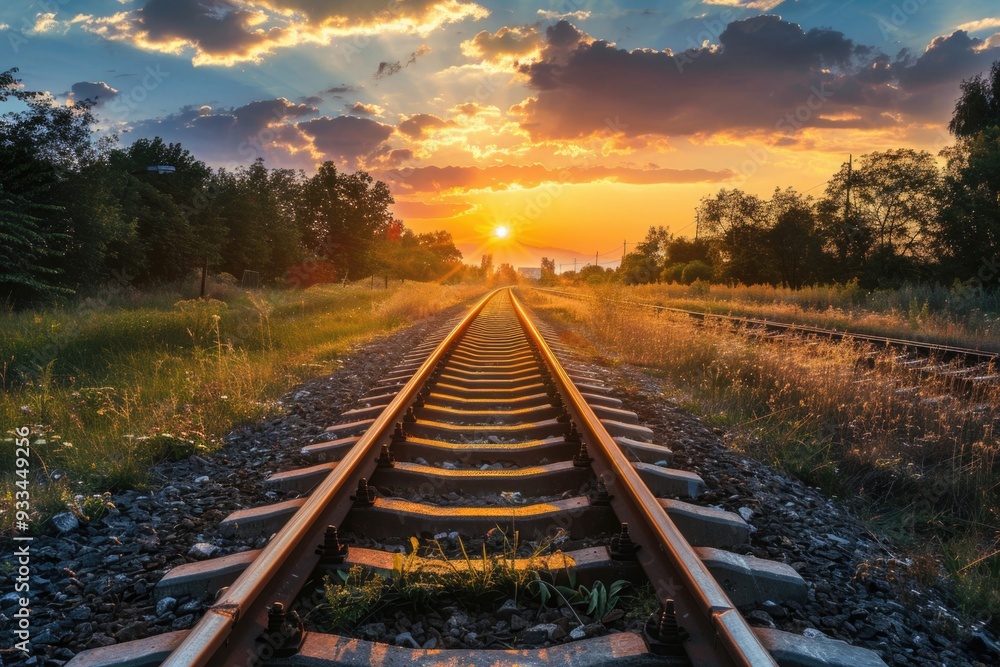 Trains and tracks against a warm sunset backdrop Trains and tracks against a warm sunset backdrop