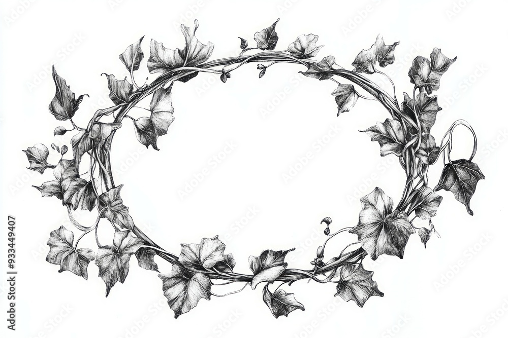 Naklejka premium an ivy vine oval frame. Ink drawing in white background