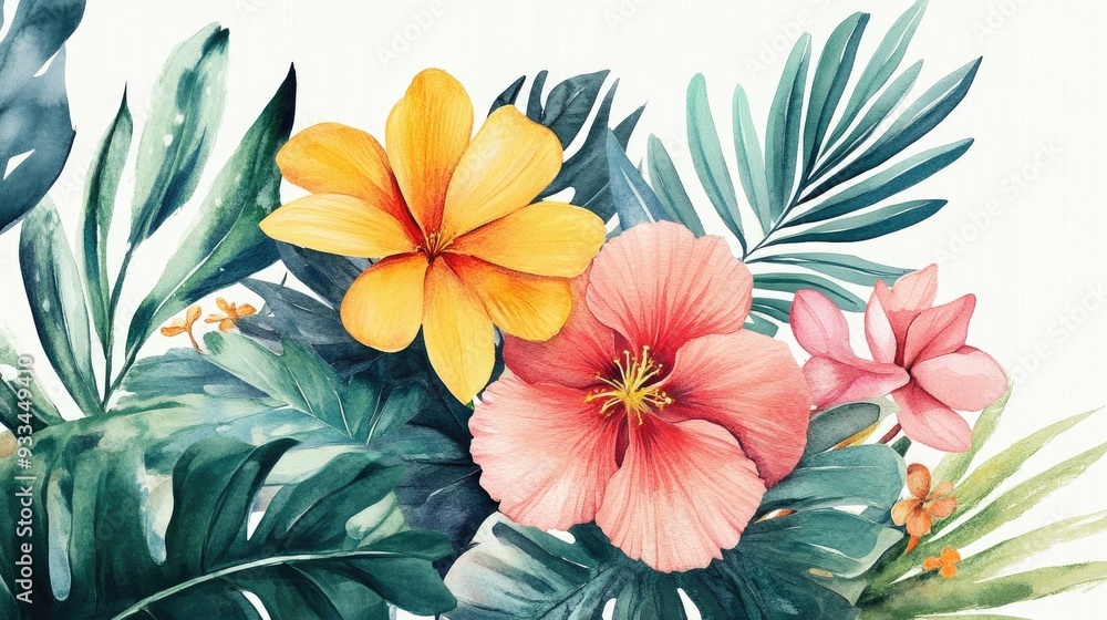 Fototapeta premium Vibrant watercolor illustration capturing the bold and unrestrained enthusiasm of flowers and their foliage