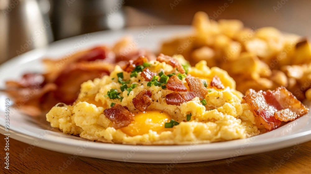 High-resolution close-up of a classic Western breakfast plate with fluffy scrambled eggs, crispy bacon, and golden hash browns, highlighting the morning meal's appeal. High-resolution close-up of a classic Western breakfast plate with fluffy scrambled eggs, crispy bacon, and golden hash browns, highlighting the morning meal's appeal.