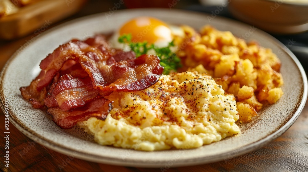 High-resolution close-up of a classic Western breakfast plate with fluffy scrambled eggs, crispy bacon, and golden hash browns, highlighting the morning meal's appeal. High-resolution close-up of a classic Western breakfast plate with fluffy scrambled eggs, crispy bacon, and golden hash browns, highlighting the morning meal's appeal.