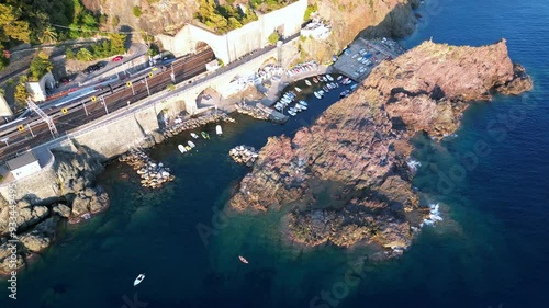 Europe, Italy, Framura is a little sea village in Liguria close to 5 terre ( five island )  - drone aerial view of mediterranean coast - natural harbour and beach  photo