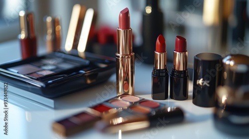 High-resolution close-up of a collection of cosmetics, including lipsticks, mascara, and eyeshadow, neatly displayed on a white surface.