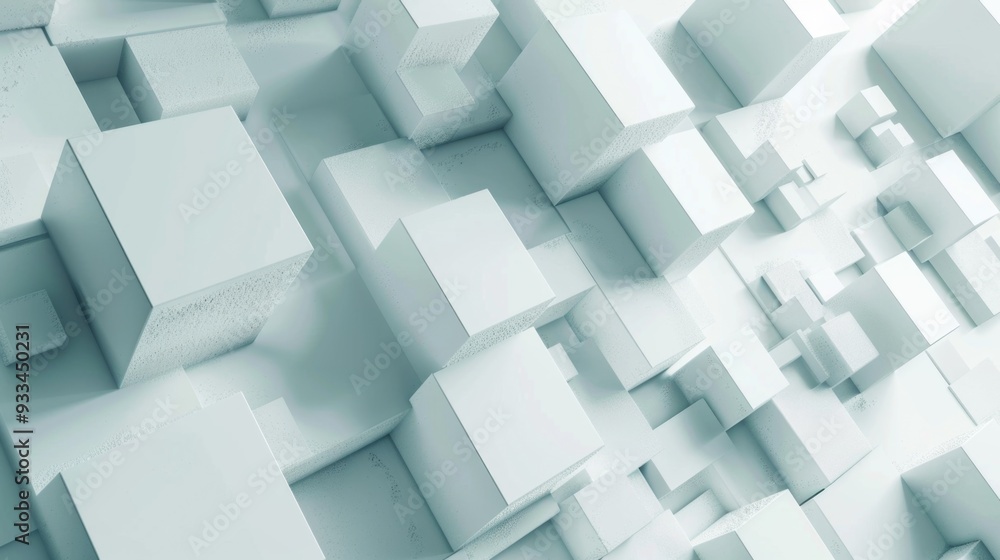 A collection of white cubes suspended in mid-air, with no visible support or attachment A collection of white cubes suspended in mid-air, with no visible support or attachment