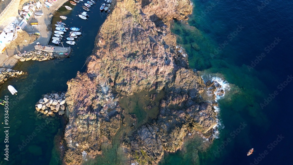 Europe, Italy, Framura is a little sea village in Liguria close to 5 terre ( five island ) - drone aerial view of mediterranean coast - natural harbour and beach