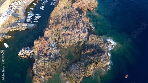 Obraz na płótnie Europe, Italy, Framura is a little sea village in Liguria close to 5 terre ( five island ) - drone aerial view of mediterranean coast - natural harbour and beach w salonie