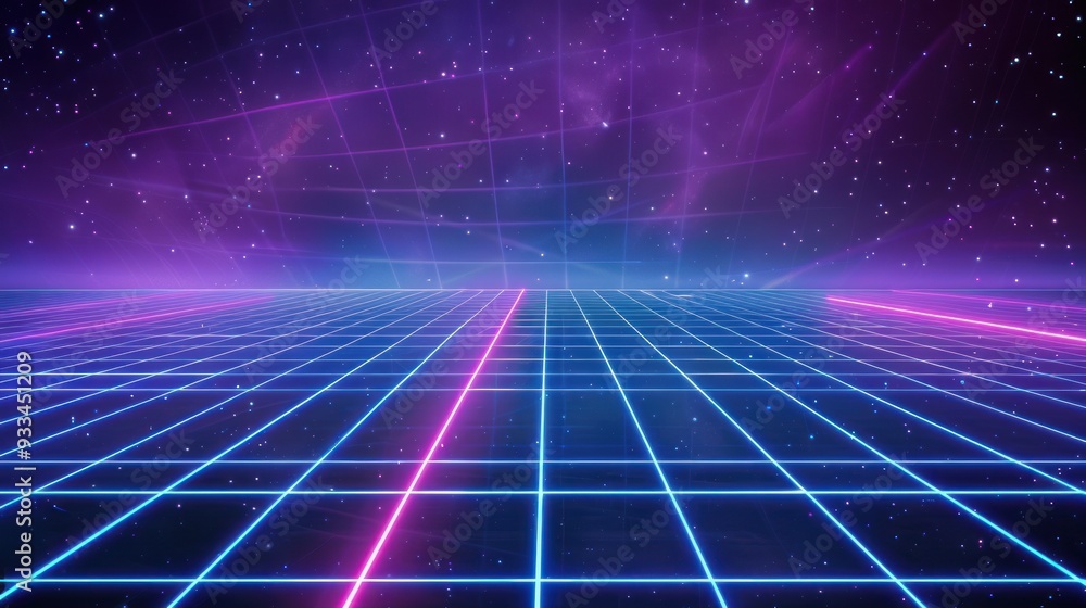 Retro Futuristic Grid with Neon Lights and Stars Retro Futuristic Grid with Neon Lights and Stars