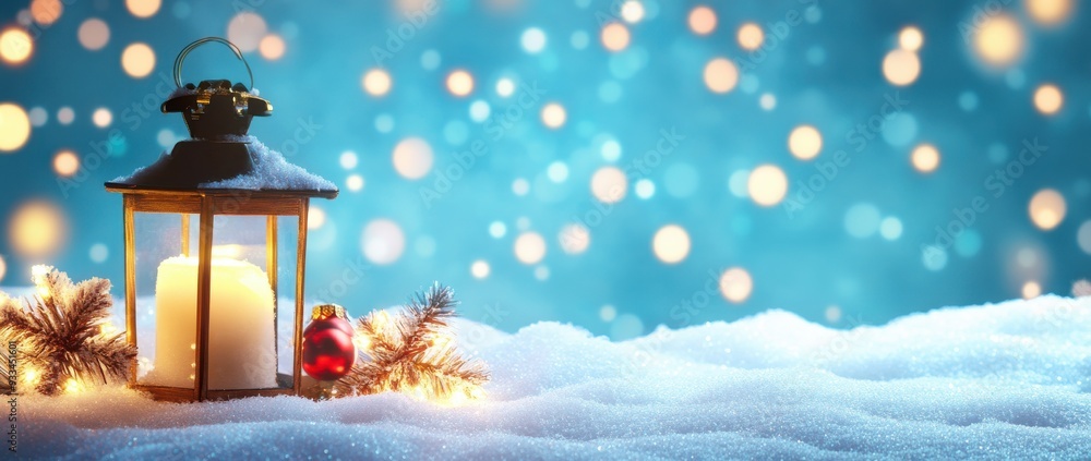 Christmas background with lantern, snow, and decorations on blue backdrop. Stars, lights, pine branches, bokeh effect. Christmas background with lantern, snow, and decorations on blue backdrop. Stars, lights, pine branches, bokeh effect.