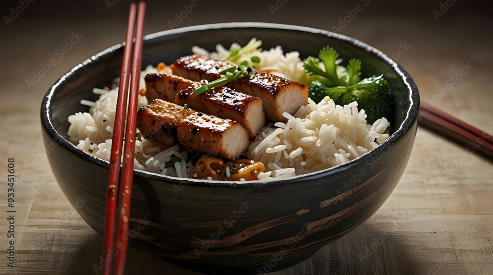 A variety of Asian foods in a bowl with chopsticks on a plain background, Asian, food, cuisine, chopsticks, noodles, rice, dumplings. generative.ai A variety of Asian foods in a bowl with chopsticks on a plain background, Asian, food, cuisine, chopsticks, noodles, rice, dumplings. generative.ai