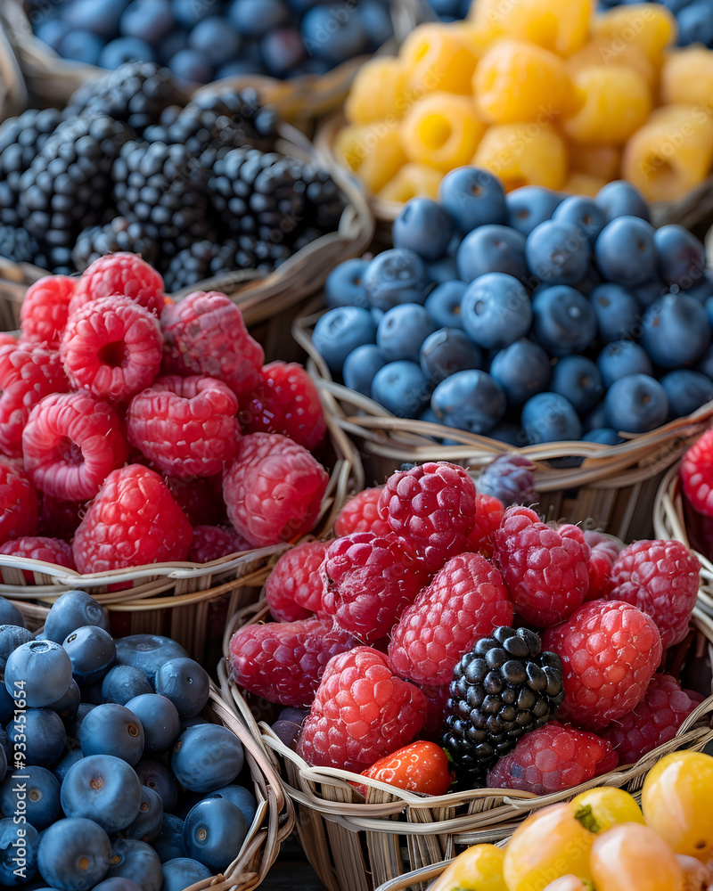 Berries and fruits displayed in baskets at a farmers' market. Berries and fruits displayed in baskets at a farmers' market.
