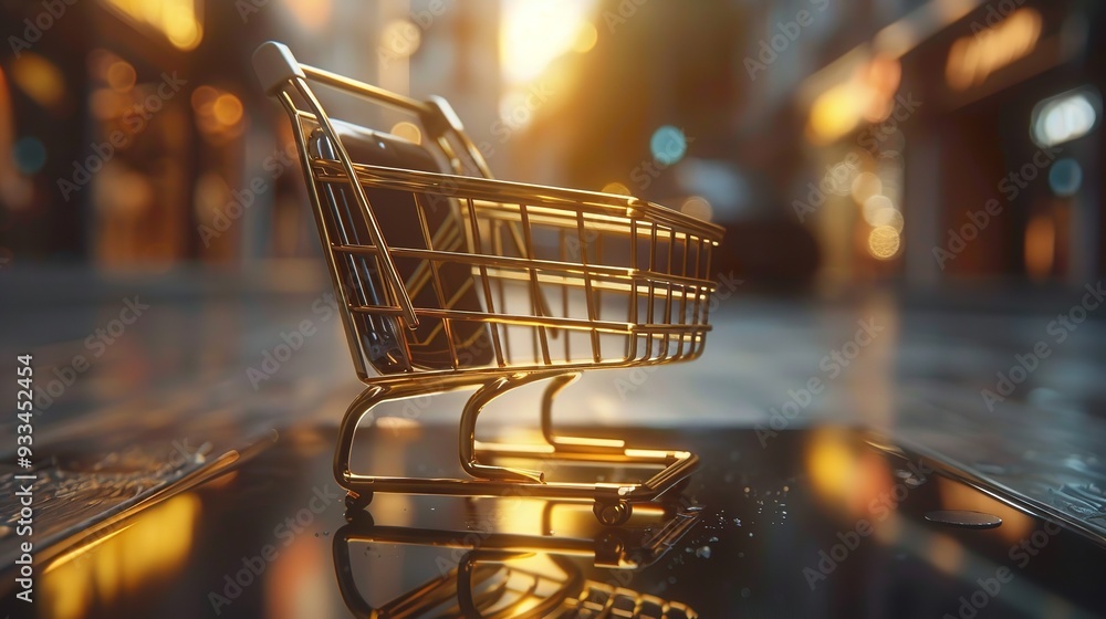 Vibrant online shopping concept with a miniature pink shopping cart and computer screen displaying colorful products. Vibrant online shopping concept with a miniature pink shopping cart and computer screen displaying colorful products.