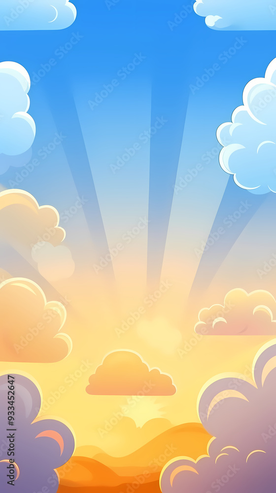 Vector evening sky clouds. Anime style background with shining sun and white fluffy clouds. Sunny day sky scene cartoon vector illustration. Vector evening sky clouds. Anime style background with shining sun and white fluffy clouds. Sunny day sky scene cartoon vector illustration.
