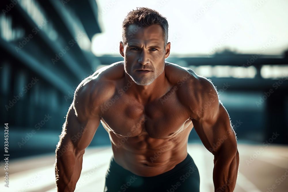 Fototapeta premium Muscular Male Athlete in Ready Position on Urban Track