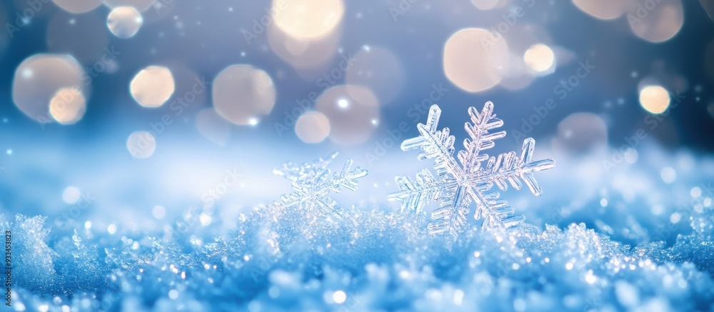 Winter background with snowflakes, bokeh lights, and icy blue atmosphere. Crystal-like ice pattern at the bottom, copy space above. Winter background with snowflakes, bokeh lights, and icy blue atmosphere. Crystal-like ice pattern at the bottom, copy space above.