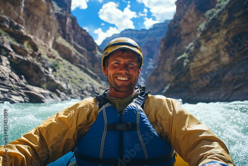 Smiling Man Navigating a Mountain River in a Kayak, Adventure and Nature photo