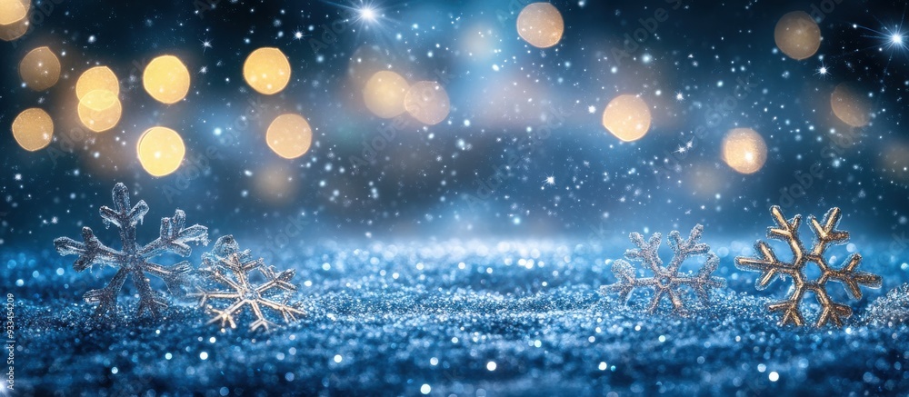 Winter background with snowflakes, bokeh lights, and icy blue atmosphere. Crystal-like ice pattern at the bottom, copy space above. Winter background with snowflakes, bokeh lights, and icy blue atmosphere. Crystal-like ice pattern at the bottom, copy space above.