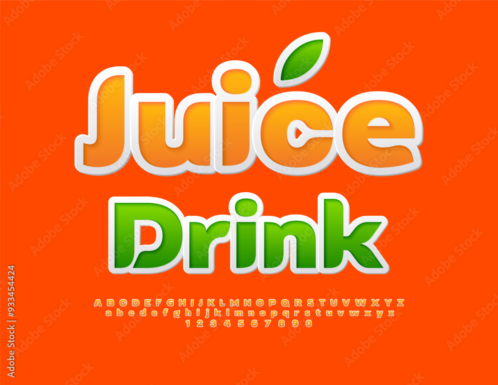 Naklejka premium Vector advertising label Juice Drink. Orange Sticker Font. Set of Modern Alphabet Letters and Numbers
