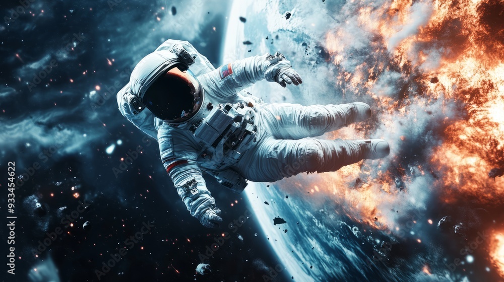 Fototapeta premium Astronaut falling to earth planet. Realistic science fiction art