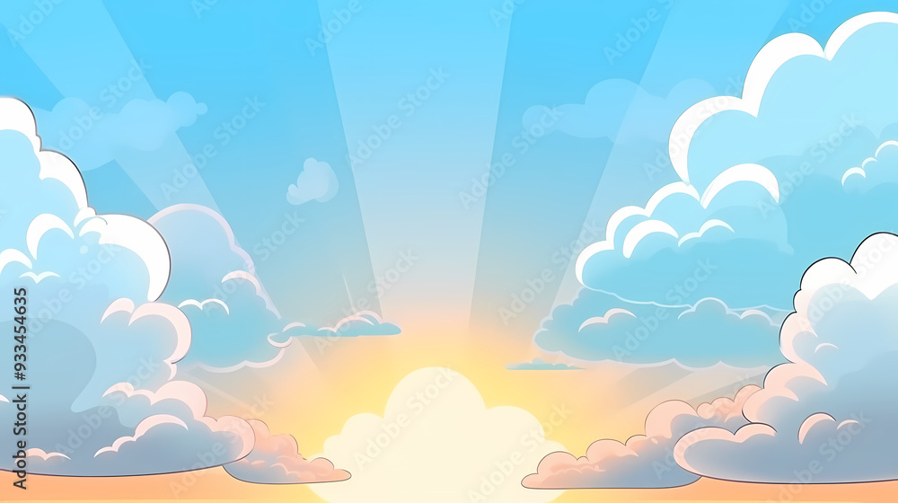 Vector evening sky clouds. Anime style background with shining sun and white fluffy clouds. Sunny day sky scene cartoon vector illustration. Vector evening sky clouds. Anime style background with shining sun and white fluffy clouds. Sunny day sky scene cartoon vector illustration.
