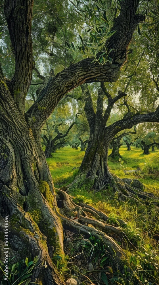 Obraz premium Ancient olive trees adorn the lush landscape, basking in the warm glow of sunlight, evoking tranquility in the serene Italian countryside