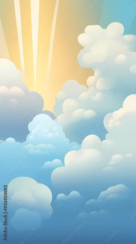 Vector evening sky clouds. Anime style background with shining sun and white fluffy clouds. Sunny day sky scene cartoon vector illustration. Vector evening sky clouds. Anime style background with shining sun and white fluffy clouds. Sunny day sky scene cartoon vector illustration.