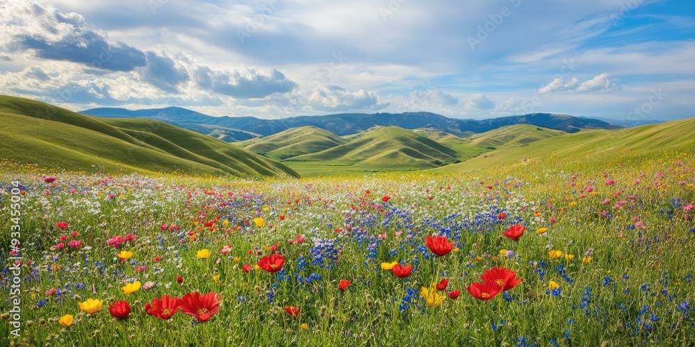 Naklejka premium Green hills, vibrant wildflowers, blue sky.