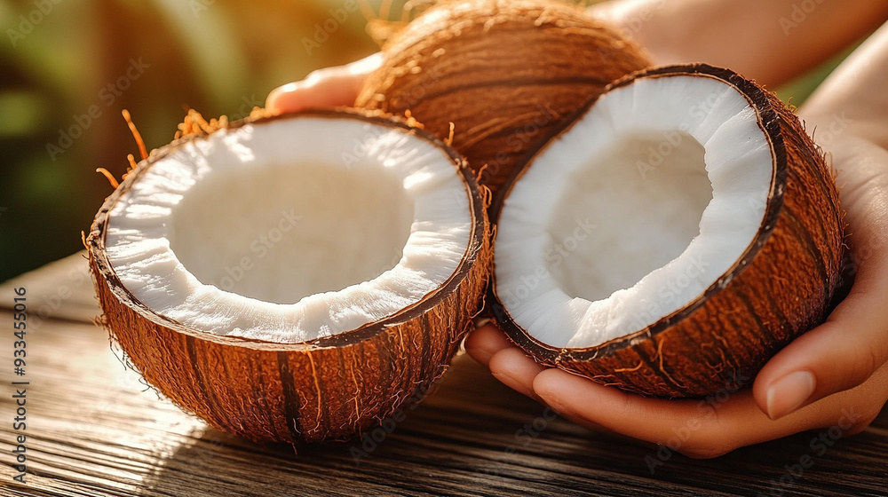 hands holding a halved coconut, sunlight streaming through, casting warm shadows on the wooden surface below. The scene evokes natural simplicity, nourishment, and the essence of tropical serenity hands holding a halved coconut, sunlight streaming through, casting warm shadows on the wooden surface below. The scene evokes natural simplicity, nourishment, and the essence of tropical serenity
