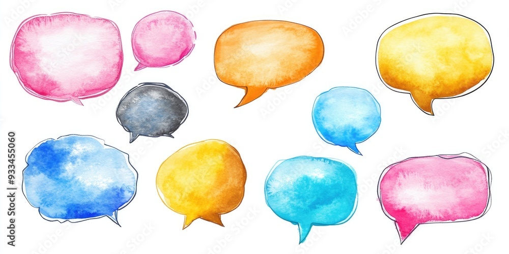 Variety of speech bubbles in a hand drawn style with watercolor like colors Variety of speech bubbles in a hand drawn style with watercolor like colors