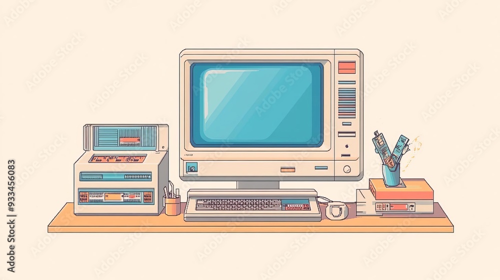 1994 Computer Flat A nostalgic image of an early 90s computer setup, complete with floppy ...