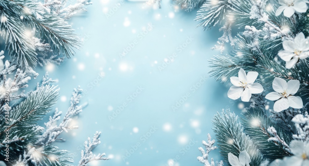 Christmas background with pine branches, snowflakes, and white flowers, light blue tones, white background, copy space on left. Christmas background with pine branches, snowflakes, and white flowers, light blue tones, white background, copy space on left.