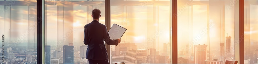 Businessman holding documents, confidently standing at desk, city view through panoramic windows. Businessman holding documents, confidently standing at desk, city view through panoramic windows.