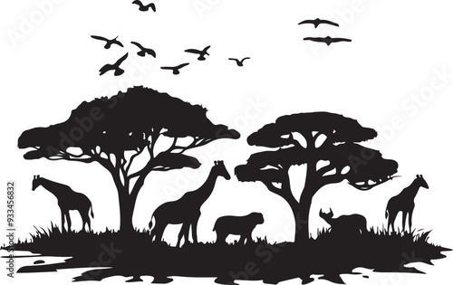 Africa Safari Savanna Landscape Silhouette of Wild Animals and Trees Vector

